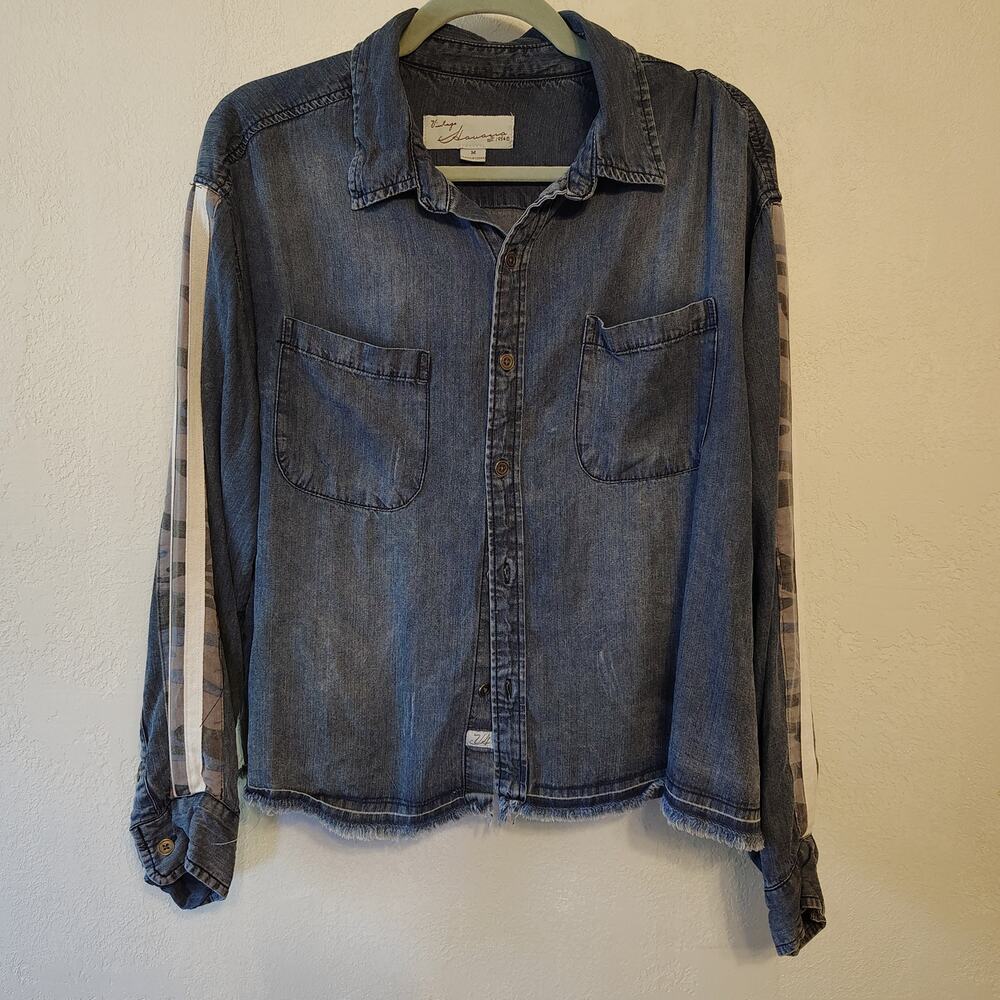Vintage Havana Denim Button Up Shirt Stripe Sleeve Raw Hem Oversized M